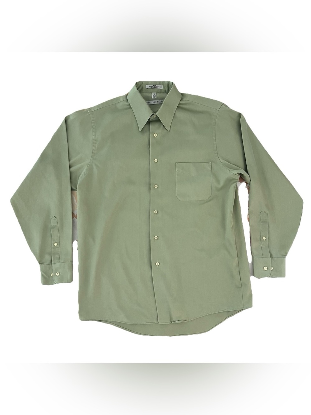 Geoffrey Beene Mens Large 16 34/35 Green Sateen Dress Shirt Wrinkle Free Preppy